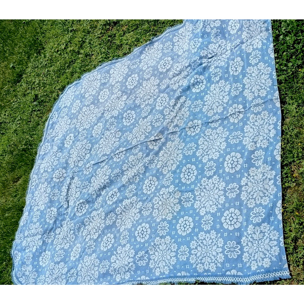 VTG 70's Retro Sears Roebuck Lexington Large Blue Floral Throw Blanket Bedspread